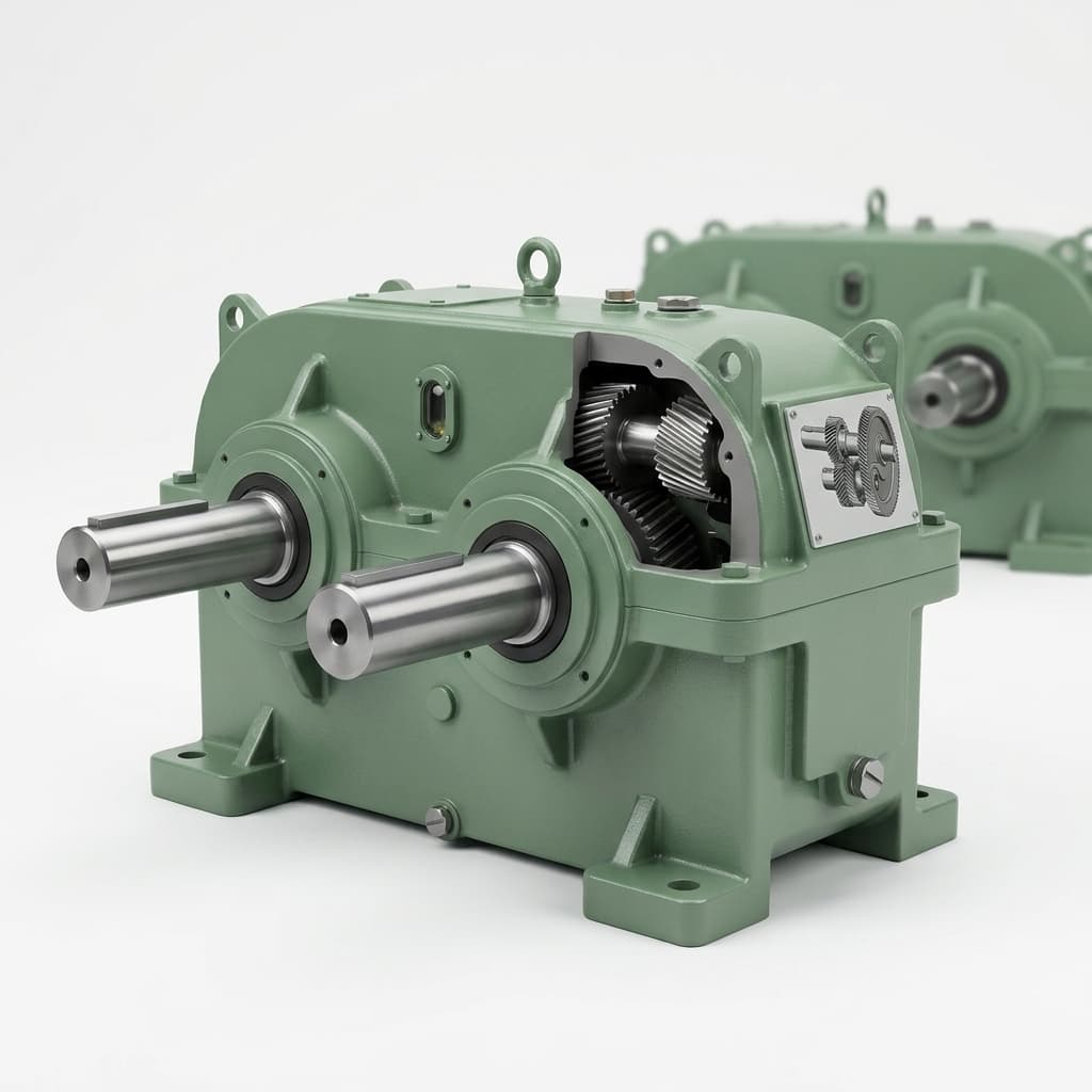 Double reduction helical gearbox used as the visual reference for a 2 stage speed reducer gearbox design in PTC Creo